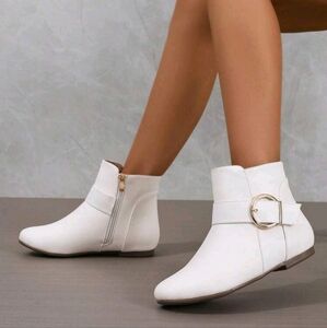 White Flat Heel Round Toe Elegant & Comfortable Side Zipper Ladies' Fashion Boot